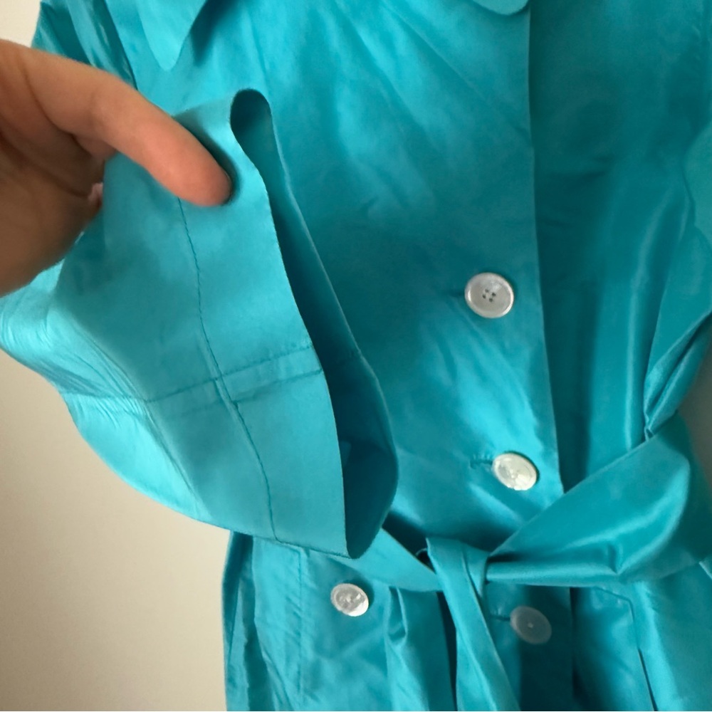 As Four Kate Spade 2005 Collab 100% Silk Teal Short Double-Breasted Trench Coat - Picture 7 of 14